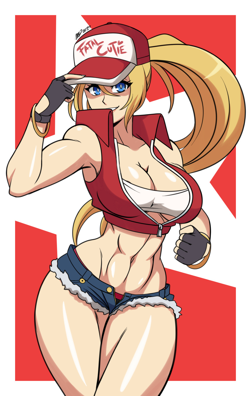 1girl abs absurdres baseball_cap blonde_hair blue_eyes blue_hair breasts cleavage denim denim_shorts fatal_fury fatal_fury_cap fingerless_gloves genderswap genderswap_(mtf) gloves hat highres jewelry large_breasts long_hair looking_at_viewer mergeritter micro_shorts midriff muscular muscular_female navel ponytail red_vest shorts snk snk_heroines:_tag_team_frenzy solo terry_bogard the_king_of_fighters vest