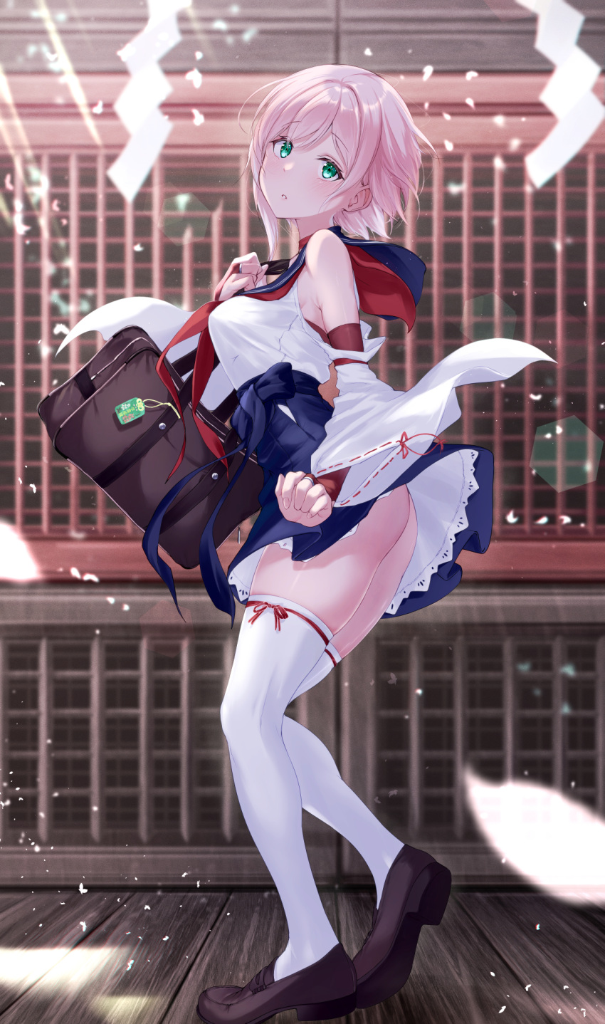 1girl bag blue_ribbon blue_sailor_collar blue_skirt blush bow bow_legwear breasts brown_footwear detached_sleeves green_eyes highres large_breasts loafers looking_at_viewer meen_(ouaughikepdvrsf) neckerchief no_panties original outdoors parted_lips petals pink_hair red_bow red_neckerchief ribbon sailor_collar school_bag shoes short_hair shrine skirt solo standing thighhighs white_thighhighs