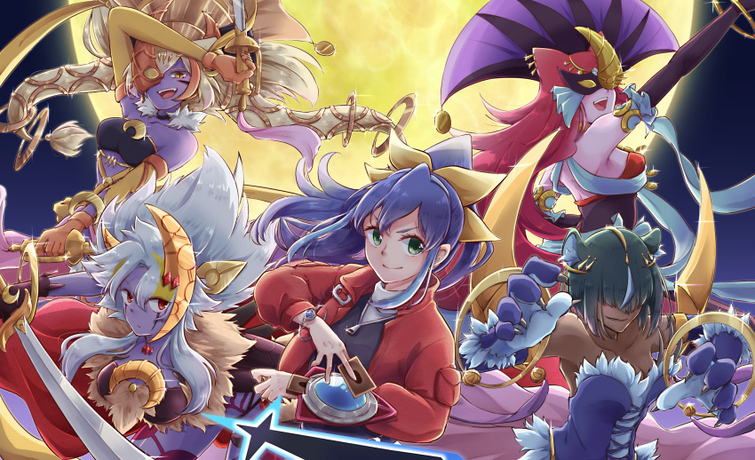 5girls animal_ears black_hair blonde_hair blue_hair bob_cut bracelet breasts card cat_ears cat_girl cleavage colored_skin corset crescent dark-skinned_female dark_skin death domino_mask duel_disk duel_monster full_moon gloves green_eyes hair_over_eyes hair_ribbon highres holding holding_sword holding_weapon hoop jacket jewelry long_hair lunalight_cat_dancer lunalight_leo_dancer lunalight_panther_dancer lunalight_sabre_dancer mask medium_breasts medium_hair moon multiple_girls night open_mouth outdoors ponytail purple_skin red_eyes red_hair ribbon risakyan serena_(yu-gi-oh!) smile sword teeth upper_teeth_only very_long_hair weapon white_hair yellow_eyes yu-gi-oh! zipper