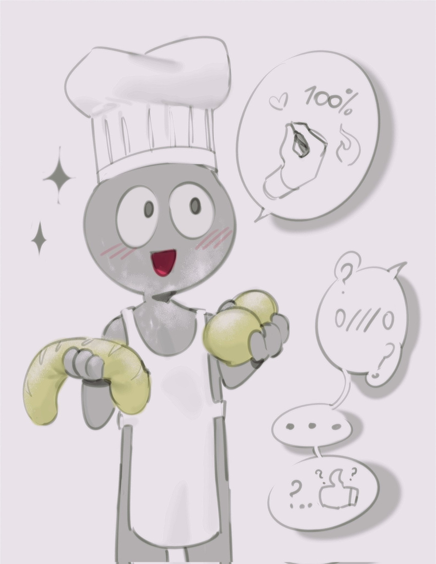 ambiguous_gender anon apron balls blush chef_hat clothing disembodied_balls disembodied_penis genitals grey_body grey_skin hat headgear headwear hi_res human kogito male mammal not_furry penis smile solo toony