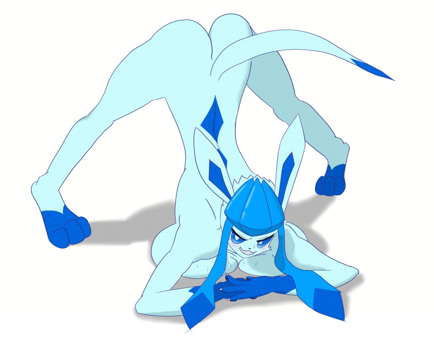 2021 3_toes alternate_version_at_source anthro ass_up back_pattern bangs big_breasts blue_body blue_fur blue_sclera blue_skin blush bodily_fluids breasts claws curvy_figure diamond_(marking) digital_drawing_(artwork) digital_media_(artwork) eeveelution feet female fur generation_4_pokemon glaceon hands_together hi_res hourglass_figure humor jack-o'_pose leg_markings long_body long_tail looking_at_viewer markings multicolored_body multicolored_fur multicolored_skin nintendo on_ground pokemon pokemon_(species) pose prick_ears pupils sanofox simple_background smile socks_(marking) solo spread_legs spreading sweat tail teeth toes two_tone_body two_tone_fur two_tone_skin what white_background white_pupils