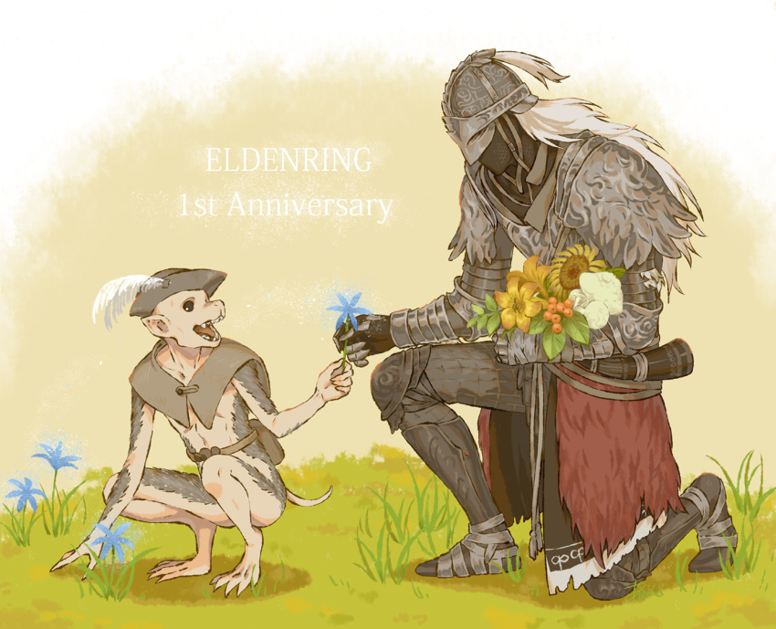 2boys :d animal anniversary arizuka_(catacombe) armor armored_boots blue_flower boots breastplate brown_background brown_headwear character_request collarbone elden_ring flower from_side full_armor gauntlets grass grey_hair happy hat_feather helmet long_hair looking_at_another looking_back monkey multiple_boys one_knee open_mouth orange_flower smile squatting tarnished_(elden_ring) white_background