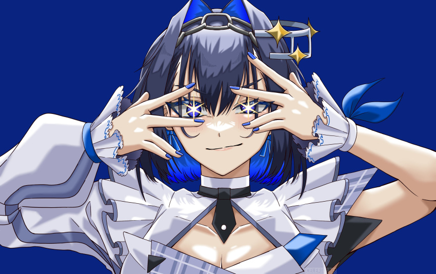 1girl absurdres asymmetrical_sleeves blue_background blue_eyes blue_hair blue_nails blush bow bow_earrings celerior chain_headband collarbone colored_inner_hair dress earrings hair_between_eyes hair_intakes hands_on_own_face highres hololive hololive_english hololive_idol_uniform_(bright) hoshino_ai's_pose idol idol_clothes jewelry looking_at_viewer medium_hair multicolored_hair oshi_no_ko ouro_kronii single_sleeve smirk star-shaped_pupils star_(symbol) symbol-shaped_pupils uneven_sleeves virtual_youtuber white_dress white_wrist_cuffs