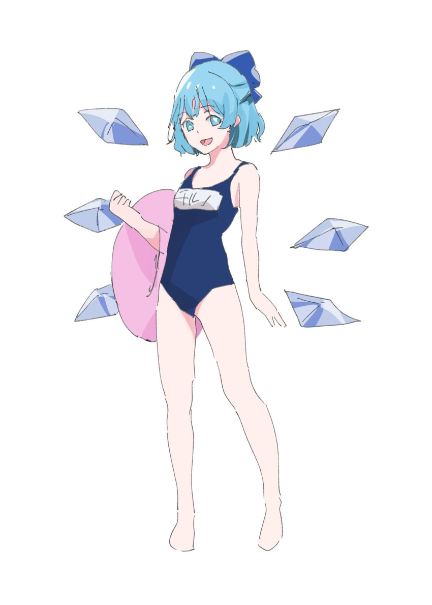 1girl :d blue_bow blue_eyes blue_hair blue_one-piece_swimsuit bow cirno detached_wings full_body hair_bow highres ice ice_wings innertube looking_at_viewer one-hour_drawing_challenge one-piece_swimsuit open_mouth school_swimsuit short_hair simple_background smile solo standing swimsuit tohoyuukarin touhou white_background wings