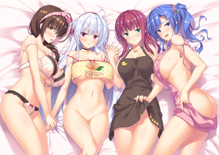4girls :o apron apron_lift ass backless_outfit bed_sheet blue_eyes blue_hair blush bottomless bow bow_bra bow_panties bra braid braided_ponytail breasts brown_apron brown_eyes brown_hair choker clothes_writing duck_print feet_out_of_frame green_eyes hair_ornament hair_over_shoulder hairband hairclip highres hinata_nao holding_another's_arm holding_hands huge_breasts interlocked_fingers jewelry kurumadani_non lace-trimmed_bra lace-trimmed_panties lace_trim large_breasts lifted_by_self long_hair looking_at_viewer lying multiple_girls naked_apron necklace ninagawa_sakura non-web_source official_art on_back on_side open_mouth orange_print panties photoshop_(medium) purple_eyes purple_hair shishido_manaka side_ponytail sideboob smile star_(symbol) star_choker strap_slip taira_misaki underboob underwear white_hair yuunagi-sou_no_s-kyuu_no_kanojo-tachi