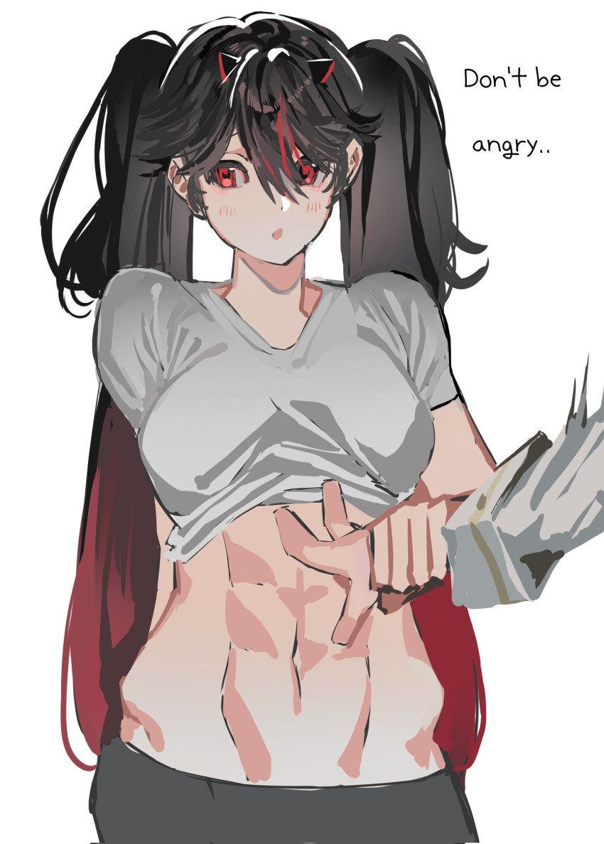2girls abs english_text excited gradient_hair hair_between_eyes hand_on_another's_arm hand_on_another's_stomach highres liv_(punishing:_gray_raven) long_hair long_sleeves lucia:_plume_(punishing:_gray_raven) lucia_(punishing:_gray_raven) multicolored_hair multiple_girls open_mouth punishing:_gray_raven red_eyes red_hair shirt short_sleeves small_horns streaked_hair twintails very_long_hair white_background white_shirt yongsadragon
