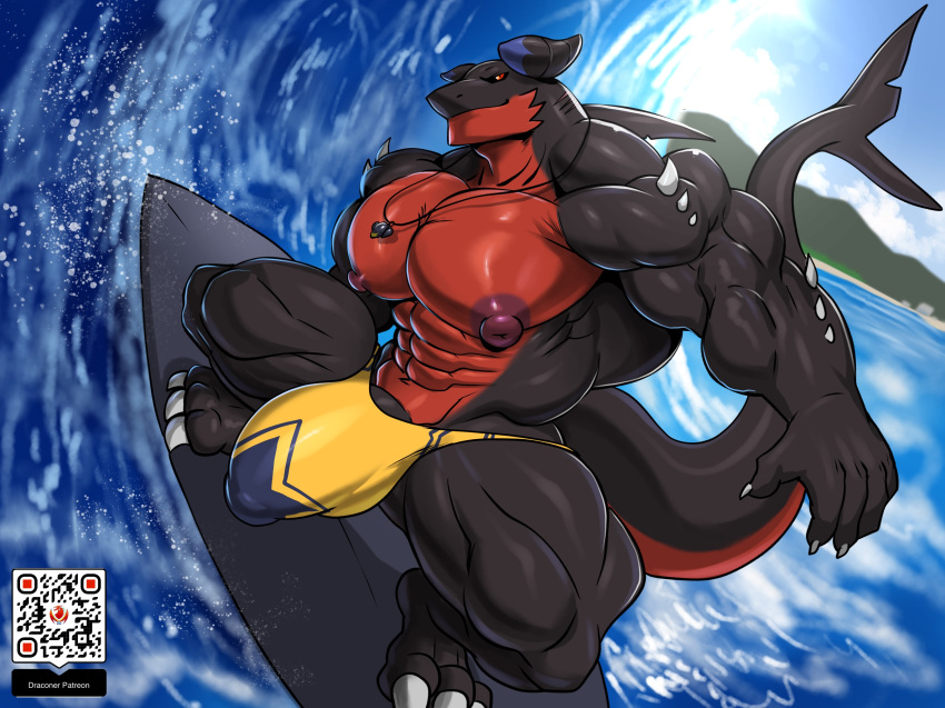 abs anthro areola biped black_body bulge claws countershade_face countershade_tail countershade_torso countershading fin fingers garchomp generation_4_pokemon hi_res male masterelrest muscular muscular_anthro muscular_male nintendo nipples pecs pokemon pokemon_(species) qr_code red_body red_countershading solo surfboard surfing tail tail_fin water