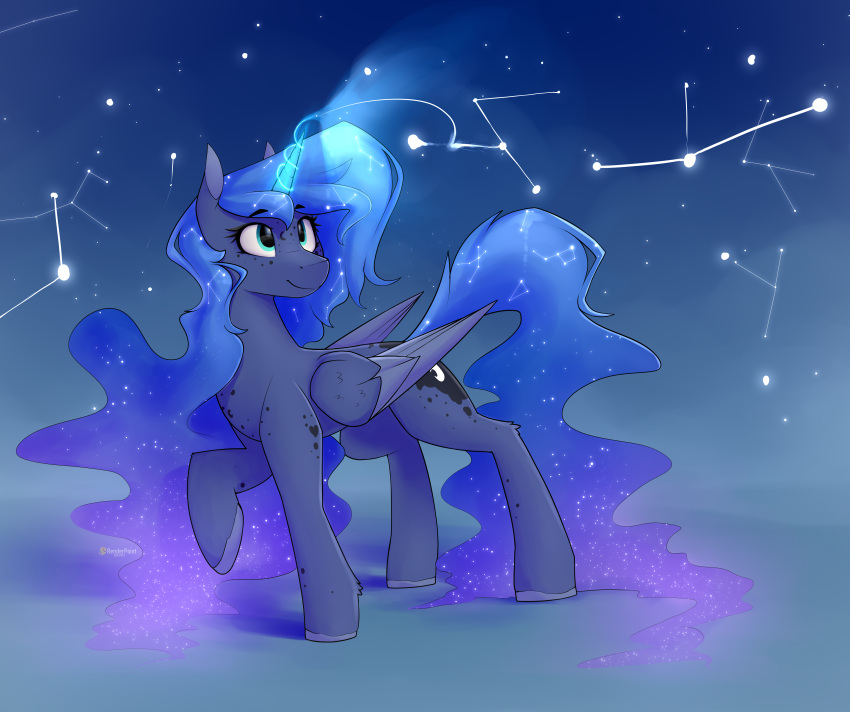 absurd_res blue_body blue_eyes blue_feathers blue_fur blue_hair blue_mane blue_tail cutie_mark detailed_background equid equine ethereal_hair ethereal_mane ethereal_tail eyebrows eyelashes feathered_wings feathers feral folded_wings friendship_is_magic fur glowing glowing_horn hair hasbro hi_res hooves horn magic mammal mane my_little_pony princess_luna_(mlp) pseudo_hair pseudo_mane raised_hoof renderpoint smile solo tail winged_unicorn wings