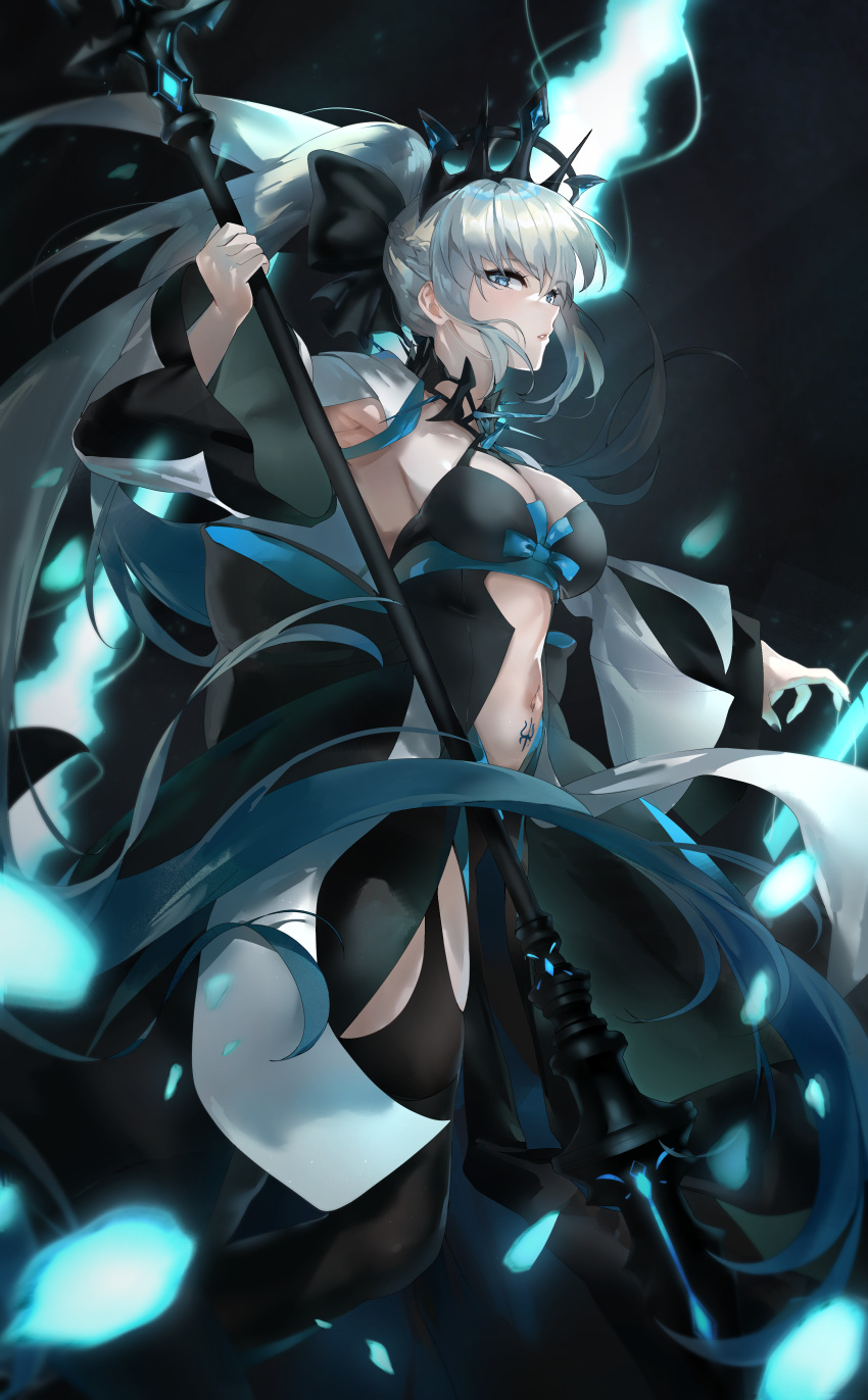 1girl absurdres black_bow black_dress black_footwear blue_eyes boots bow braid breasts center_opening cleavage dress fate/grand_order fate_(series) french_braid grey_hair hair_bow highres kanniiepan large_breasts long_hair long_sleeves looking_at_viewer morgan_le_fay_(fate) navel pelvic_curtain ponytail sidelocks solo staff stomach_tattoo tattoo thigh_boots thighs tiara two-tone_dress very_long_hair white_dress wide_sleeves