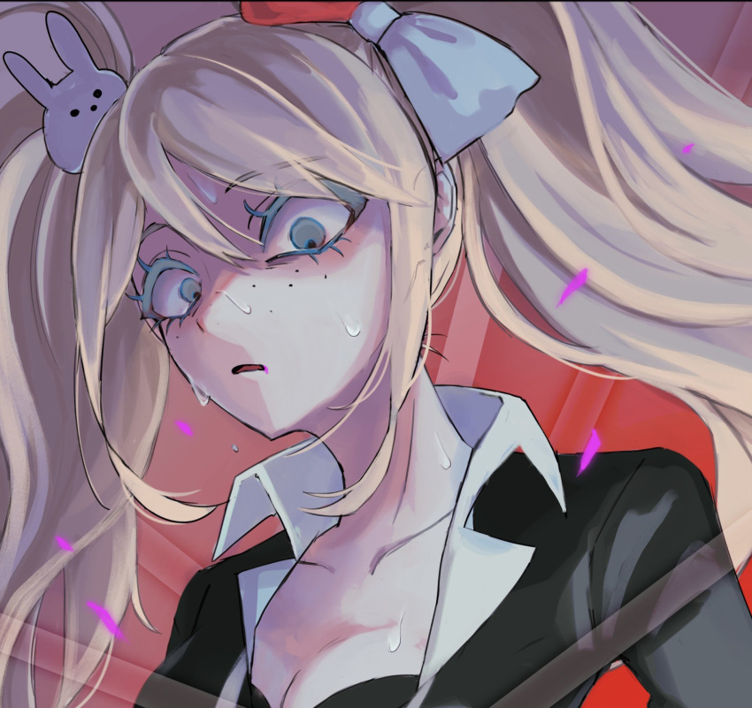 1girl black_eyes black_shirt blood bow breasts cleavage collarbone cosplay danganronpa:_trigger_happy_havoc danganronpa_(series) enoshima_junko enoshima_junko_(cosplay) freckles hair_bow hair_ornament highres ikusaba_mukuro large_breasts long_hair multicolored_background ne_(ne_on) open_mouth pink_blood rabbit_hair_ornament red_background shirt solo sweat twintails