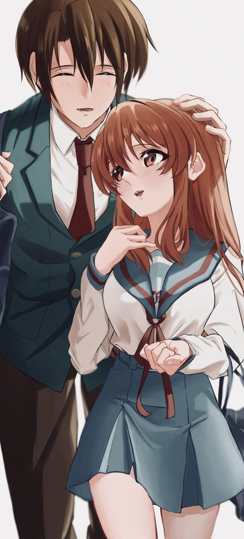 1boy 1girl 621_joker_123 absurdres asahina_mikuru bag blazer blue_sailor_collar blue_skirt brown_hair brown_pants closed_eyes collared_shirt commentary_request green_jacket hand_on_another's_head highres jacket kita_high_school_uniform koizumi_itsuki long_hair long_sleeves necktie orange_eyes orange_hair pants pleated_skirt red_necktie red_ribbon ribbon sailor_collar school_bag school_uniform serafuku shirt short_hair simple_background skirt suzumiya_haruhi_no_yuuutsu white_background white_shirt winter_uniform