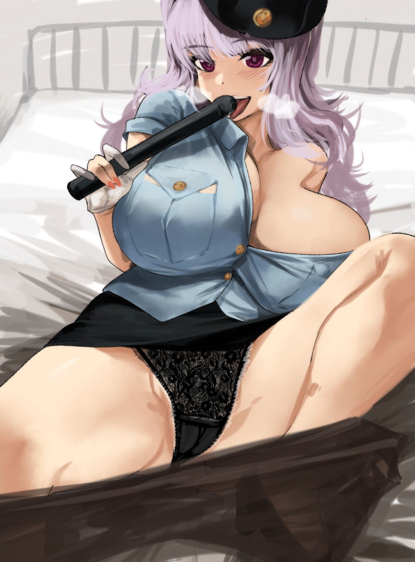 1girl absurdres baton_(weapon) bed black_panties blue_shirt blush breast_pocket breasts cameltoe cleavage clothes_pull gloves grey_hair hat highres holding huge_breasts idolmaster idolmaster_(classic) indoors kumako_(kumakonoh) lace-trimmed_panties lace_trim large_breasts long_hair on_bed open_clothes open_shirt panties pantyhose pantyhose_pull partially_fingerless_gloves pencil_skirt pocket police police_hat police_uniform policewoman purple_eyes shijou_takane shirt skirt solo symbol-shaped_pupils underwear uniform weapon white_gloves