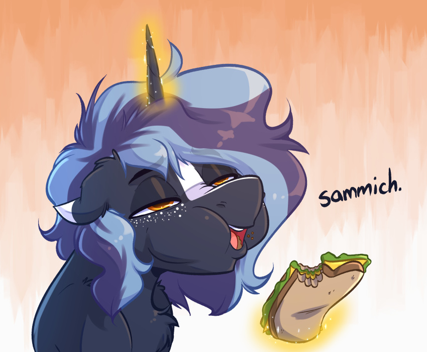 amber_eyes blue_hair dialogue eating english_text equid equine fan_character food freckles hair hasbro hi_res horn levitation male mammal multicolored_hair my_little_pony sandwich_(food) text two_tone_hair unicorn witching_hour witchtaunter
