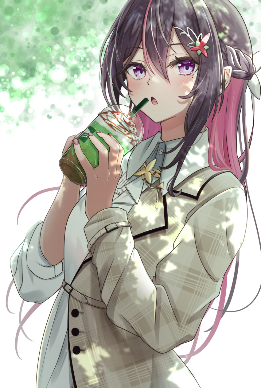 1girl absurdres asymmetrical_sleeves azki_(4th_costume)_(hololive) azki_(hololive) black_hair blush braid breasts brown_coat c1p122 coat colored_inner_hair commentary commission cup dappled_sunlight drink drinking_straw fang french_braid hair_between_eyes hair_ornament hairclip highres holding holding_cup hololive long_hair long_sleeves looking_at_viewer medium_breasts mole mole_under_eye multicolored_hair nail_polish official_alternate_costume open_mouth pink_hair pink_nails pixiv_commission purple_eyes simple_background solo standing streaked_hair sunlight two-tone_coat virtual_youtuber white_background white_coat white_hair wing_collar