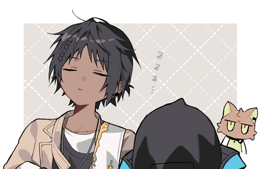 ... 1boy 1other =_= argyle argyle_background arknights black_hair black_jacket black_shirt border brown_background brown_jacket chibi chibi_inset choshanland_plushy_(arknights) closed_eyes commentary_request dark-skinned_male dark_skin doctor_(arknights) dotted_line frown green_eyes hishoti_cheese hood hooded_jacket jacket jewelry jitome kal'tsit_(arknights) male_focus necklace shirt short_hair simple_background sleeping thorns_(arknights) upper_body white_shirt zzz