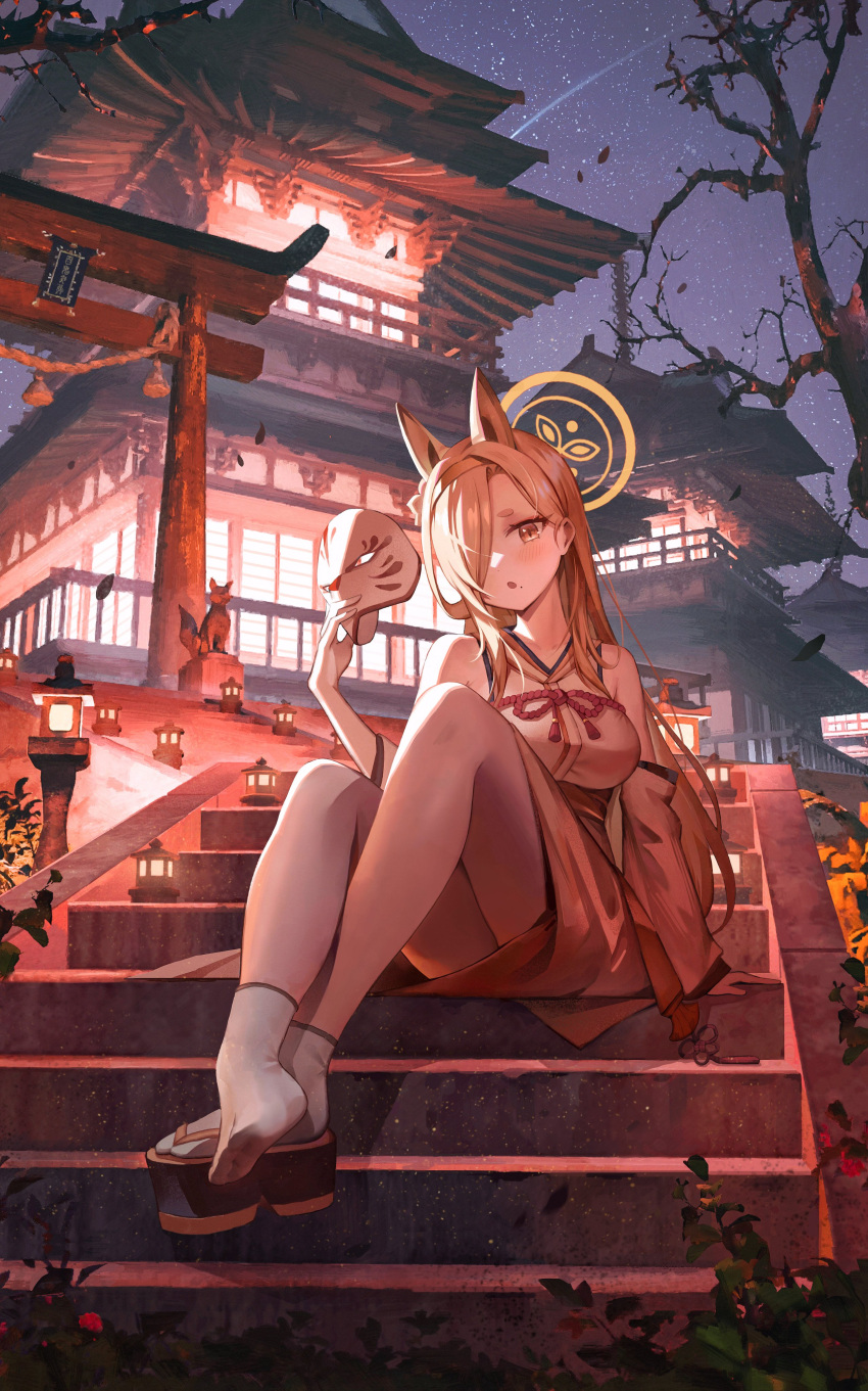 1girl absurdres animal_ears bare_shoulders blonde_hair blue_archive blush breasts building detached_sleeves fox_ears fox_mask hair_over_one_eye hairband halo highres holding holding_mask ikkia japanese_clothes kaho_(blue_archive) kimono large_breasts long_hair looking_at_viewer mask mole mole_under_mouth night socks solo thick_eyebrows thighs wide_sleeves yellow_eyes