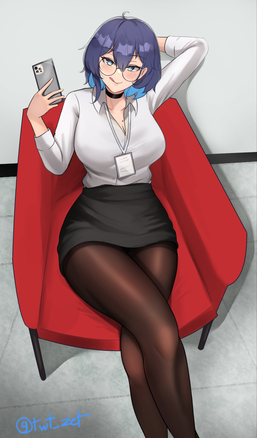 1girl absurdres arm_behind_head black_choker blue_eyes blue_hair breasts cellphone chair choker cleavage feet_out_of_frame glasses highres holding holding_phone id_card large_breasts mole mole_on_breast office_lady on_chair original pantyhose pencil_skirt phone round_eyewear short_hair sitting skirt smartphone solo watermark zet_(twt_zet)