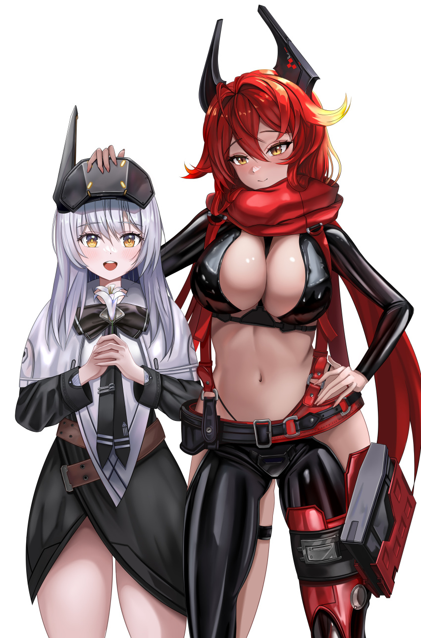 2girls :d absurdres belt black_belt black_bow black_bowtie black_dress black_gloves black_jacket black_pants blush bow bowtie breasts brown_belt cleavage cloak closed_mouth commentary_request cowboy_shot cropped_jacket crotch_plate dress fingerless_gloves flower gloves goddess_of_victory:_nikke hair_between_eyes hand_on_another's_head hand_on_own_hip head-mounted_display highres hip_vent holding holding_flower holster horns jacket kaminoringo large_breasts leather leather_jacket leather_pants lily_(flower) long_hair long_sleeves looking_at_viewer mechanical_horns multiple_girls navel open_mouth pants red_hair red_hood_(nikke) red_scarf scarf sidelocks simple_background skindentation smile snow_white:_innocent_days_(nikke) snow_white_(nikke) standing stomach suspenders teeth thigh_holster unzipped upper_teeth_only white_background white_cloak white_hair yellow_eyes