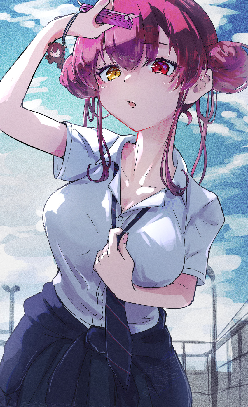 1girl absurdres arm_up blue_necktie blue_skirt blue_sky breasts cellphone cleavage cloud double_bun hair_bun highres holding holding_phone hololive houshou_marine houshou_marine_(school_uniform) kutotogisu large_breasts long_hair looking_at_viewer necktie necktie_grab neckwear_grab official_alternate_costume phone red_eyes red_hair school_uniform shirt skirt sky virtual_youtuber white_shirt yellow_eyes