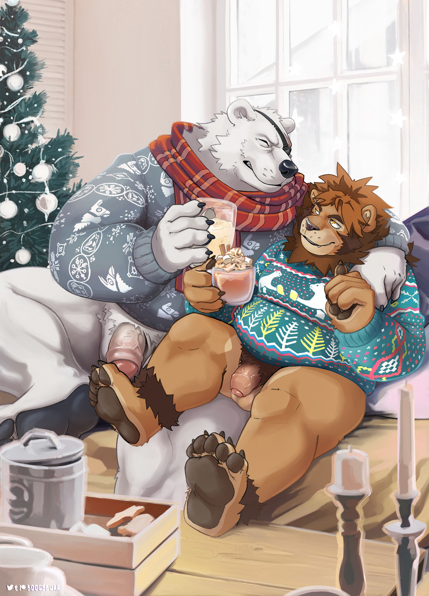 2022 anthro arm_around_shoulders balls barazoku barefoot bear beverage bottomless casual_exposure christmas christmas_clothing christmas_sweater christmas_topwear christmas_tree clothed clothing cuddling detailed_background duo eggnog epic_games eye_patch eyewear feet feet_up felid flaccid fortnite genitals hi_res holding_beverage holding_object holidays inside kemono larger_male lion looking_at_another male male/male mammal overweight overweight_male pantherine penis plant polar_bear polar_patroller romantic romantic_couple ross_(rossciaco) scarf sitting size_difference smaller_male st.boogie sweater topwear tree ursine vein veiny_penis