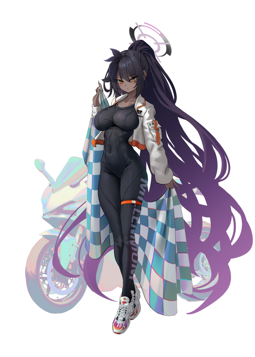 1girl alternate_costume b-pang black_hair blue_archive blush breasts closed_mouth covered_navel dark-skinned_female dark_skin full_body halo highres jacket karin_(blue_archive) large_breasts long_hair long_sleeves motor_vehicle motorcycle multicolored_hair open_clothes open_jacket ponytail purple_hair shoes sneakers solo standing thighs two-tone_hair white_background white_jacket yellow_eyes