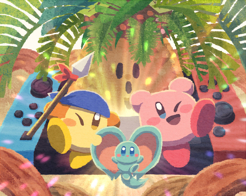 bandana bandana_waddle_dee blue_bandana blue_eyes blush_stickers elfilin holding holding_polearm holding_weapon jumping kirby kirby_(series) kirby_and_the_forgotten_land light looking_at_viewer miclot nintendo_switch one_eye_closed open_mouth palm_tree pink_footwear polearm shoes smile tree tropic_woods weapon yellow_eyes yellow_footwear