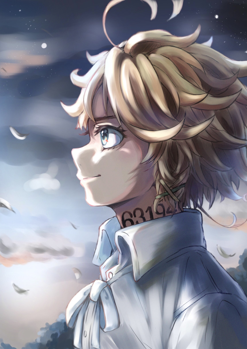 1girl absurdres closed_mouth cloud collared_shirt emma_(yakusoku_no_neverland) feathers highres looking_to_the_side neck_tattoo number_tattoo r1014-chopper ribbon shirt solo star_(sky) tattoo tree upper_body white_ribbon white_shirt yakusoku_no_neverland