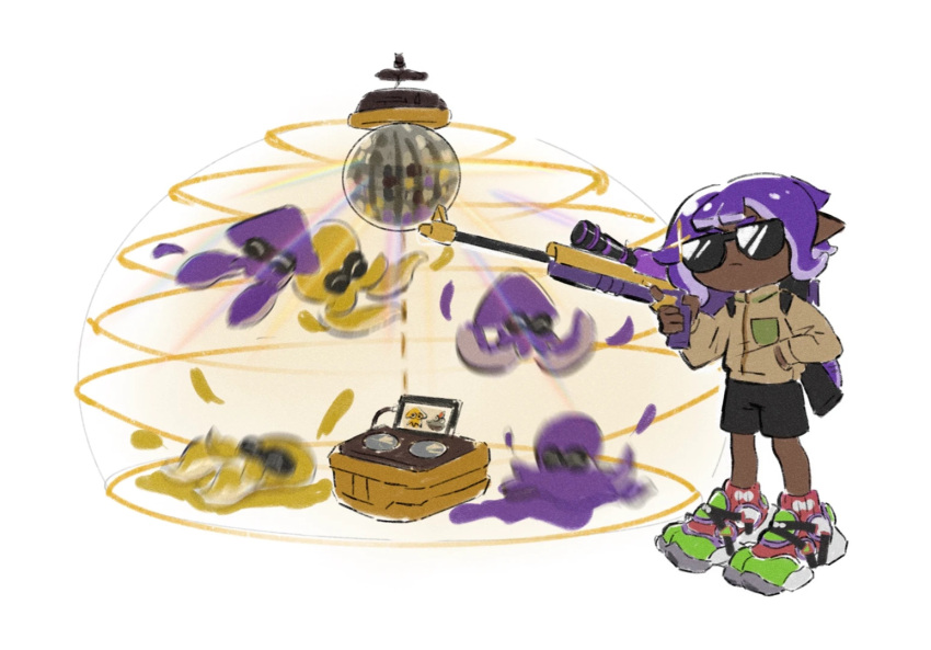 black_shorts brown_jacket closed_mouth dancing dark-skinned_female dark_skin disco_ball frown glint gun hand_in_pocket holding holding_gun holding_weapon humanlynn inkling jacket octoling purple_hair record shoes short_hair shorts simple_background sneakers splatoon_(series) sunglasses tentacle_hair weapon white_background