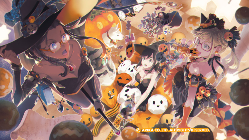 3girls area_(street_fighter) arika blonde_hair book breasts broom broom_riding candy character_request cleavage dress elbow_gloves food glasses gloves halloween halloween_costume hat highres jack-o'-lantern long_hair multiple_girls official_art official_wallpaper open_mouth pantyhose pumpkin skirt striped striped_pantyhose witch witch_hat