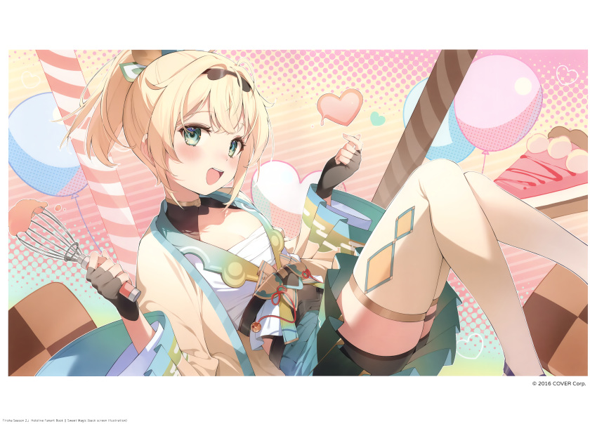 1girl absurdres aqua_eyes balloon black_gloves blonde_hair blush cake cake_slice chest_sarashi company_name copyright_name crossed_bangs finger_heart fingerless_gloves food gloves hana_mori haori heart highres holding holding_whisk hololive japanese_clothes kazama_iroha kazama_iroha_(1st_costume) looking_at_viewer official_art open_mouth ponytail sarashi scan sidelocks solo teeth thighhighs upper_teeth_only virtual_youtuber whisk white_thighhighs wide_sleeves