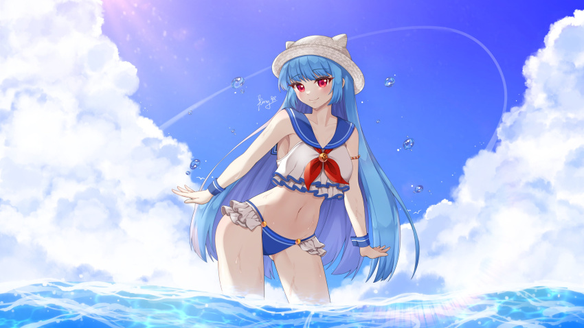 1girl absurdres beach bikini blue_bikini blue_hair blue_wristband breasts cloud cloudy_sky dr_(slrkwhdma12) frilled_bikini frills highres kula_diamond long_hair looking_at_viewer medium_breasts purple_eyes sailor_bikini sailor_collar sky smile swimsuit the_king_of_fighters water white_headwear