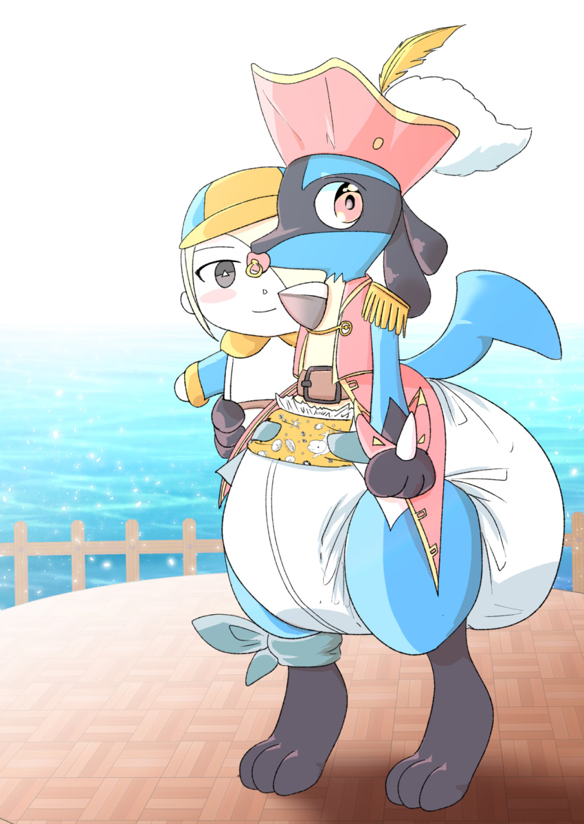 anthro clothed clothing diaper generation_4_pokemon hi_res holowear_(pokemon) humanoid infantilism looking_at_viewer lucario male nintendo object_in_mouth pacifier pacifier_in_mouth plushie plushie_transformation pokemon pokemon_(species) pokemon_unite sea solo tapirclip volo_(pokemon) water wearing_diaper