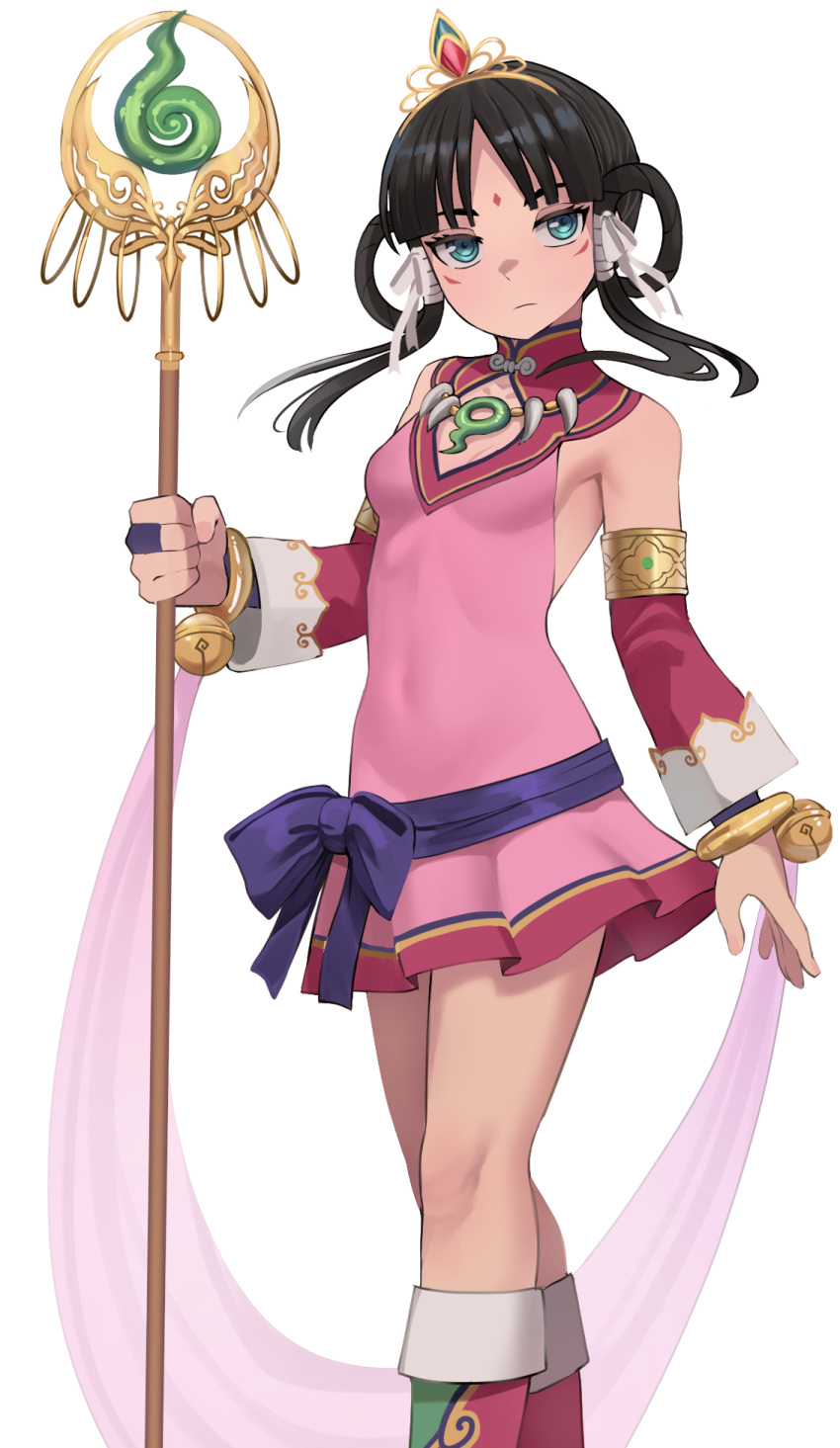 1girl ace_attorney black_hair bow detached_sleeves dress facial_mark forehead_mark green_eyes hair_rings highres holding holding_staff jourd4n long_hair looking_at_viewer phoenix_wright:_ace_attorney_-_spirit_of_justice pink_dress purple_bow rayfa_padma_khura'in red_sleeves ribbon shakujou sidelocks solo staff standing tiara waist_bow white_background