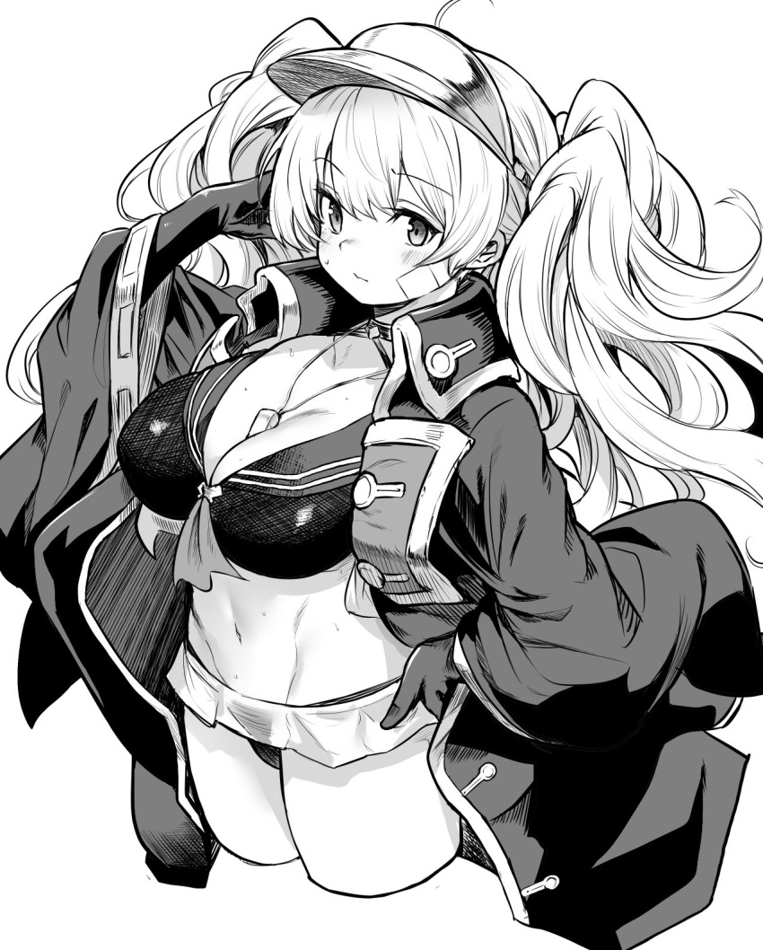 1girl ahoge bikini blush breasts cleavage coat collarbone elbow_gloves gloves granblue_fantasy greyscale highres kztk large_breasts long_hair long_sleeves looking_at_viewer monika_weisswind monika_weisswind_(swimsuit)_(granblue_fantasy) monochrome navel open_clothes open_coat solo swimsuit thighs visor_cap wavy_hair