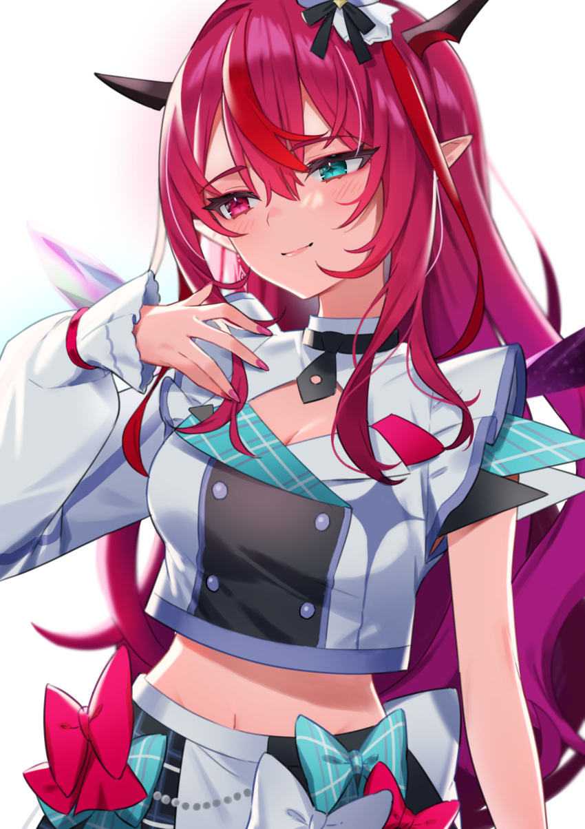 1girl aqua_eyes asymmetrical_sleeves asymmetrical_wings black_skirt blush breasts buttons cleavage closed_mouth crop_top crystal_wings demon_horns double-breasted gukurosawa01 half-skirt heterochromia highres hololive hololive_english hololive_idol_uniform_(bright) horns irys_(hololive) jacket long_hair looking_at_viewer multicolored_hair nail_polish navel pink_nails plaid plaid_skirt pleated_skirt pointy_ears purple_eyes purple_hair red_hair skirt solo streaked_hair uneven_sleeves virtual_youtuber white_background white_jacket wings