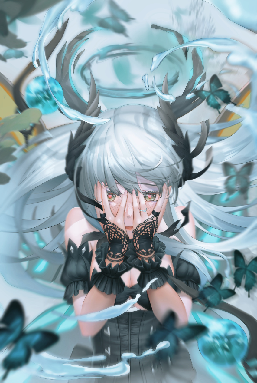1girl absurdres black_dress blue_butterfly blush breasts bug butterfly cleavage dress feather_hair_ornament feathers for-miku grey_hair hair_ornament hands_on_own_face heart heart-shaped_pupils highres jewelry large_breasts liv_(punishing:_gray_raven) long_hair open_mouth punishing:_gray_raven ring symbol-shaped_pupils wedding_ring wing_hair_ornament