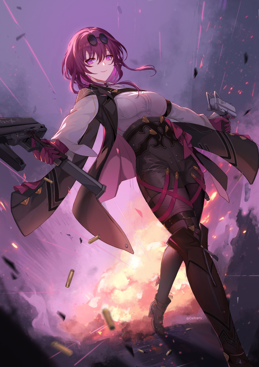 1girl absurdres arm_belt black_jacket black_shorts boots breasts celtreny chest_harness collared_shirt dust dutch_angle explosion eyewear_on_head full_body gloves gun hair_between_eyes harness high-waist_shorts highres holding holding_gun holding_weapon honkai:_star_rail honkai_(series) jacket kafka_(honkai:_star_rail) large_breasts lipstick long_sleeves makeup medium_hair outstretched_arms pantyhose pantyhose_under_shorts pince-nez purple_eyes purple_gloves purple_hair purple_pantyhose round_eyewear shell_casing shirt shorts single_thigh_boot solo spider_web_print thigh_boots twitter_username walking weapon white_shirt