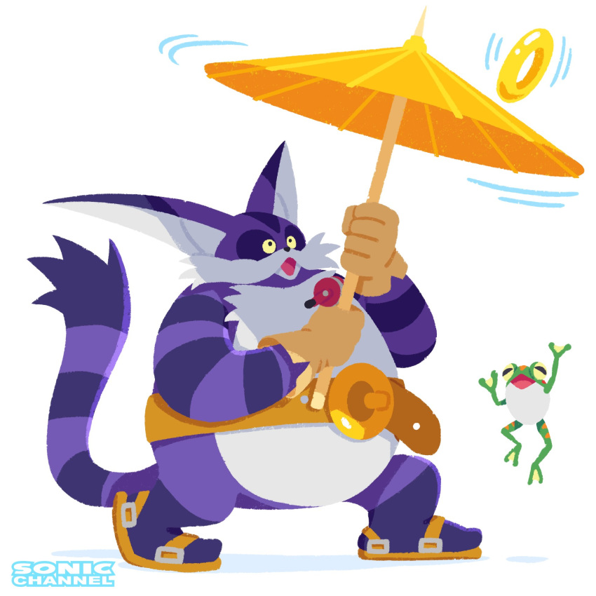 1boy animal_ears anniversary belt big_the_cat brown_gloves cat_boy cat_ears cat_tail frog froggy_(sonic) furry furry_male gloves highres looking_up official_art open_mouth parasol purple_fur sandals simple_background sonic_(series) sonic_heroes sonicofficialjp tail two-tone_fur umbrella uno_yuuji white_fur