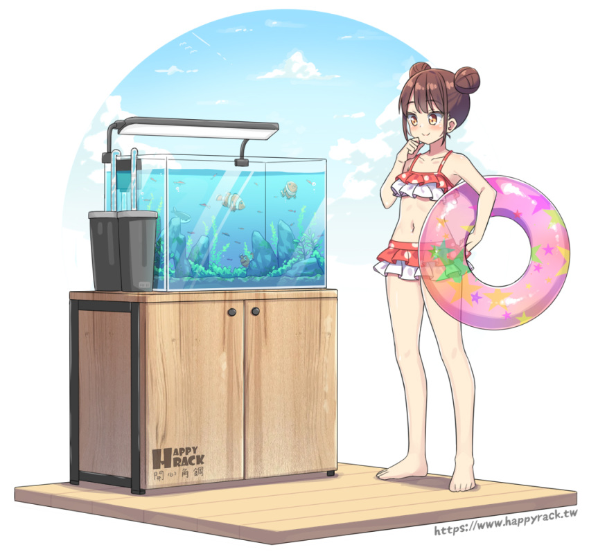 1girl animal bare_arms bare_legs bare_shoulders barefoot bikini blue_sky blush brown_eyes brown_hair carrying carrying_under_arm chinese_commentary closed_mouth cloud clownfish collarbone commentary_request day double_bun fish fish_tank hair_bun hatsunatsu innertube original polka_dot polka_dot_bikini red_bikini simple_background sky smile solo star_(symbol) star_print swimsuit watermark web_address white_background white_bikini