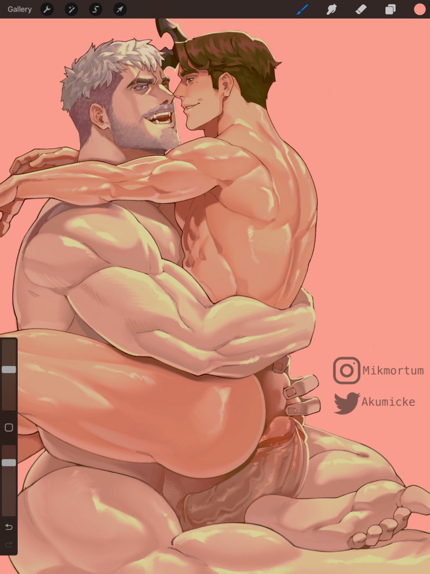 2boys akumicke ass_grab bara beard blush brown_hair commission completely_nude erection eye_contact eyebrow_cut facial_hair fangs girthy_penis grabbing_another's_ass groping highres hug imminent_anal imminent_penetration large_penis light_brown_hair long_sideburns looking_at_another male_focus mature_male multicolored_hair multiple_boys muscular muscular_male mustache nude original pectorals penis seductive_smile shaved_body short_hair sideburns sitting sitting_on_lap sitting_on_person smile thick_eyebrows thick_thighs thighs two-tone_hair undercut unfinished veins veiny_penis yaoi