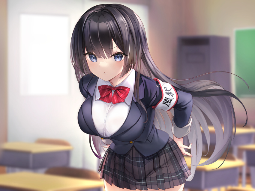 1girl absurdres armband black_hair black_jacket black_skirt blue_eyes blunt_bangs blurry blurry_background blush breasts chair chalkboard collared_shirt desk file_cabinet haishiki highres indoors jacket large_breasts long_hair long_sleeves looking_at_viewer non-web_source original parted_lips plaid plaid_skirt pleated_skirt safety_pin school_chair school_desk school_uniform shirt skirt solo v-shaped_eyebrows white_shirt