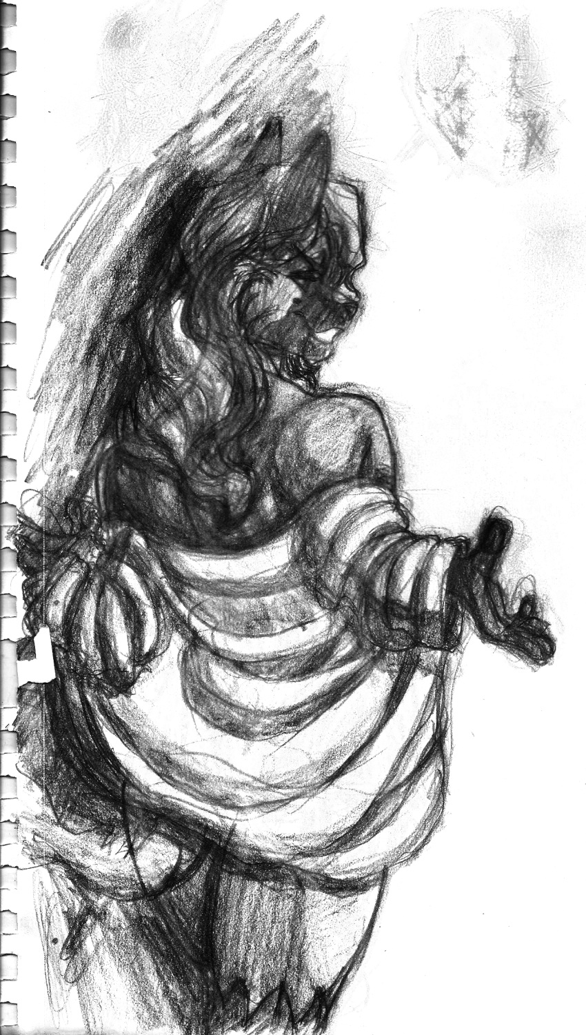 2022 anthro canid canine canis clothing domestic_dog female flyingram german_shepherd hair herding_dog hi_res mammal monochrome pastoral_dog rear_view removing_shirt simple_background sketch smile solo undressing