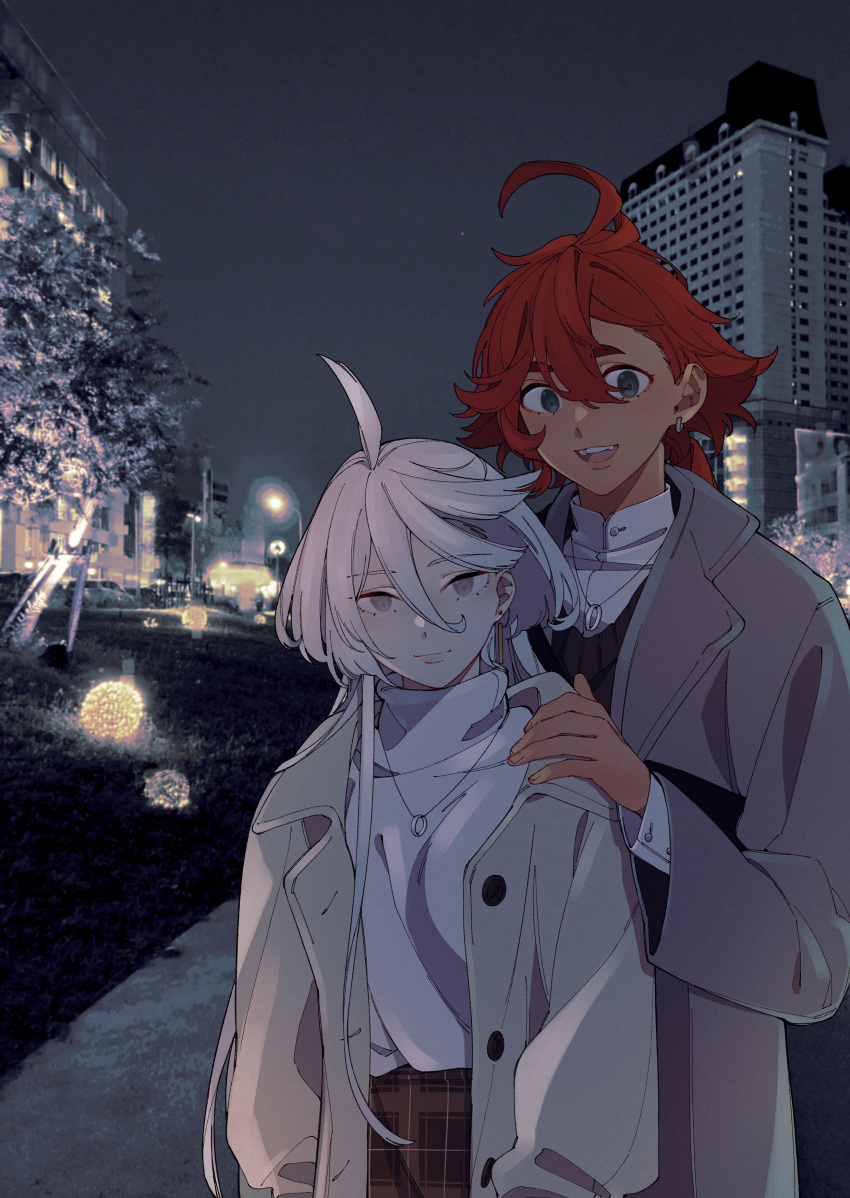 2girls absurdres ahoge building casual city coat couple gundam gundam_suisei_no_majo hair_between_eyes hand_on_another's_shoulder height_difference highres jewelry long_hair looking_at_viewer miorine_rembran multiple_girls necklace night no_headband red_hair ring suletta_mercury wedding_ring white_hair winter winter_clothes winter_coat yuri zhuotian