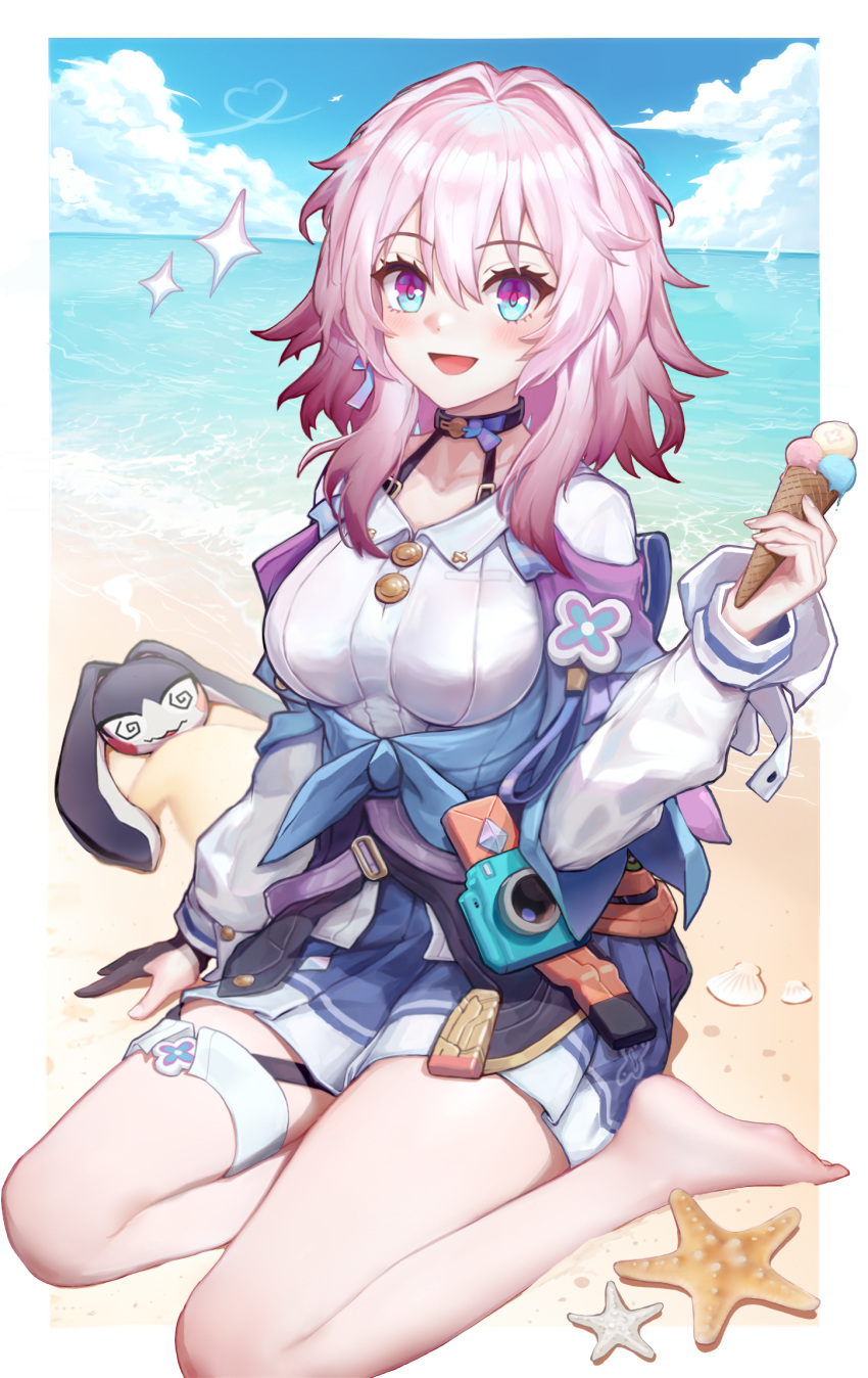 1girl @_@ barefoot beach blue_eyes blue_skirt blue_sky blush breasts camera cloud commentary_request day feet fingerless_gloves food gloves hair_between_eyes highres holding holding_food holding_ice_cream honkai:_star_rail honkai_(series) ice_cream jacket long_hair long_sleeves looking_at_viewer march_7th_(honkai:_star_rail) medium_breasts multicolored_eyes open_mouth outdoors partial_commentary pink_hair pom-pom_(honkai:_star_rail) purple_eyes revision sand shirt single_fingerless_glove sitting skirt sky smile sparkle starfish tied_jacket wangzili_shitoumen water white_shirt