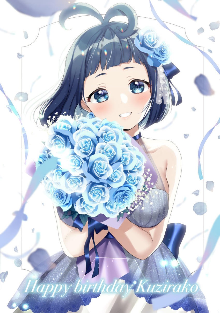 1girl antenna_hair bare_shoulders blue_dress blue_eyes blue_flower blue_hair blue_rose blunt_bangs blush bouquet breasts character_name dress flower framed grin hair_flower hair_ornament happy_birthday highres holding holding_bouquet indie_virtual_youtuber kazepana large_breasts looking_at_viewer rose see-through_cleavage short_hair sleeveless sleeveless_dress smile solo sorara_kujirako virtual_youtuber