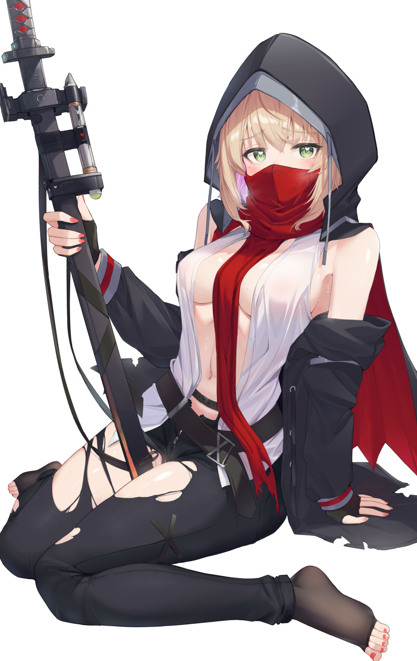 1girl absurdres arknights blonde_hair fingerless_gloves genderswap genderswap_(mtf) gloves green_eyes hateful_avenger_(arknights) heart heart-shaped_pupils highres holding holding_weapon hood jacket long_hair looking_at_viewer navel open_clothes open_shirt pantyhose scarf shirt sitting solo symbol-shaped_pupils torn_clothes torn_pantyhose weapon white_shirt zayur