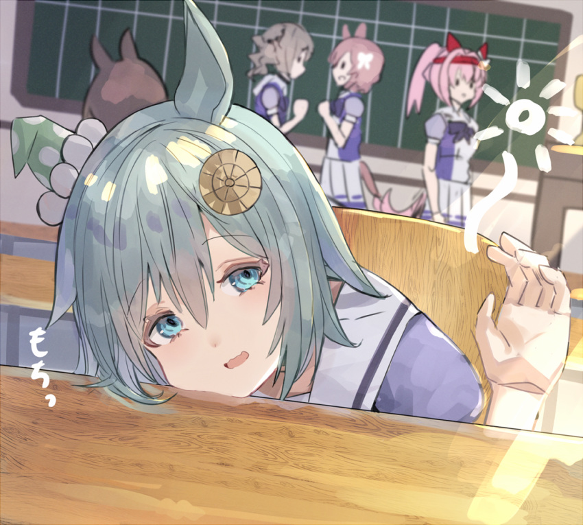 5girls animal_ears blue_eyes blurry blurry_background bow classroom commentary_request cowboy_shot ear_covers ear_down grey_hair hair_between_eyes haru_urara_(umamusume) head_rest horse_ears horse_girl horse_tail looking_at_viewer medium_hair multiple_girls open_mouth pink_hair ponytail purple_shirt racing red_bow seiun_sky_(umamusume) shirt short_hair single_ear_cover sleepy smile solo_focus table tail the_olphy umamusume wooden_chair