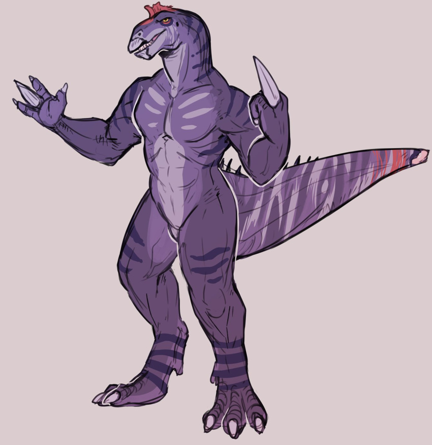 anthro dinosaur featureless_crotch full-length_portrait grin hi_res imperatorcaesar looking_at_viewer male narrowed_eyes nude portrait purple_body red_sclera reptile scalie simple_background smile solo standing striped_arms striped_legs striped_neck yellow_eyes