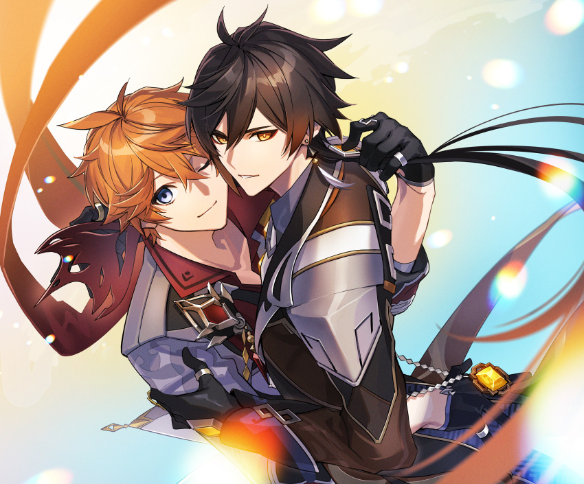 2boys absurdres antenna_hair black_gloves blue_eyes brown_hair closed_mouth earrings genshin_impact gloves hair_between_eyes hand_on_another's_arm highres hug jewelry long_hair long_sleeves looking_at_viewer male_focus multiple_boys one_eye_closed orange_hair ponytail short_hair single_earring smile tartaglia_(genshin_impact) upper_body vision_(genshin_impact) xia_(ryugo) yaoi yellow_eyes zhongli_(genshin_impact)