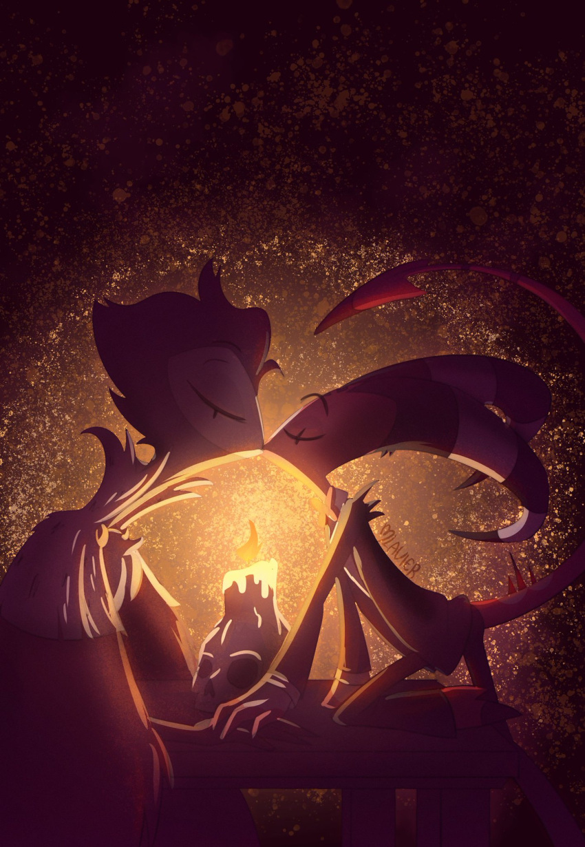 anthro avian bird blitzo_(helluva_boss) bone candle clothed clothing demon detailed_background duo eyes_closed helluva_boss hi_res humanoid imp kissing male male/male mlavieer owl owl_demon red_body red_skin skull stolas_(helluva_boss)